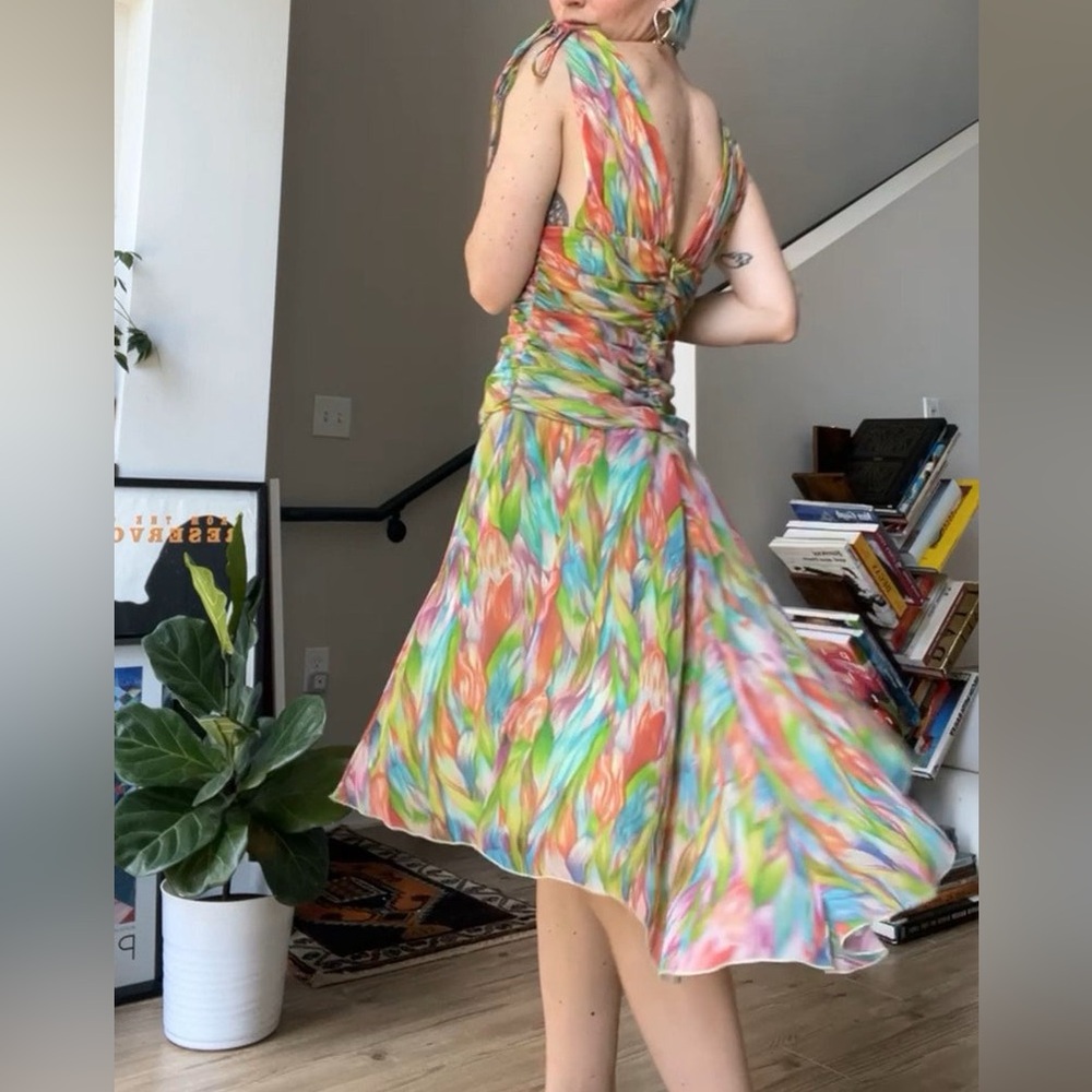 VTG ABS Allen Shwartz Fit & Flare Dress Size 2 Colorful Floral Ruched Fairy 80s - Picture 10 of 11